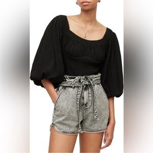 NWT All Saints black textured puff sleeve long sleeve smocked Tia top